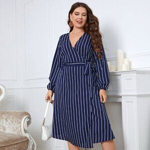 Melo Apparel Plus Size Striped Surplice Neck Long Sleeve Dress